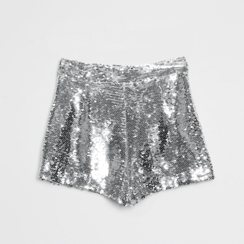 Heidi-Mode | Pailletten Shorts Hohe Taille Oring Reißverschluss Front Bodycon