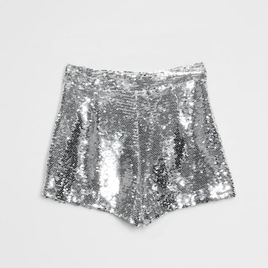 Heidi-Mode | Pailletten Shorts Hohe Taille Oring Reißverschluss Front Bodycon