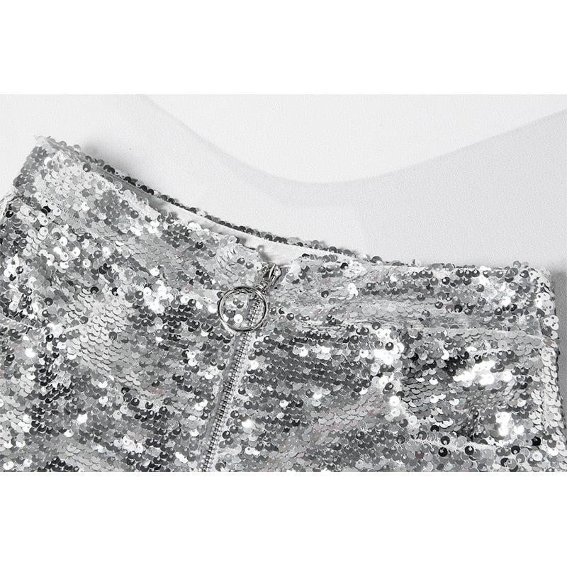 Heidi-Mode | Pailletten Shorts Hohe Taille Oring Reißverschluss Front Bodycon