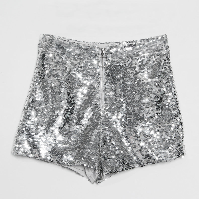 Heidi-Mode | Pailletten Shorts Hohe Taille Oring Reißverschluss Front Bodycon