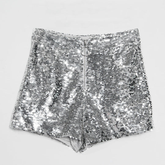 Heidi-Mode | Pailletten Shorts Hohe Taille Oring Reißverschluss Front Bodycon