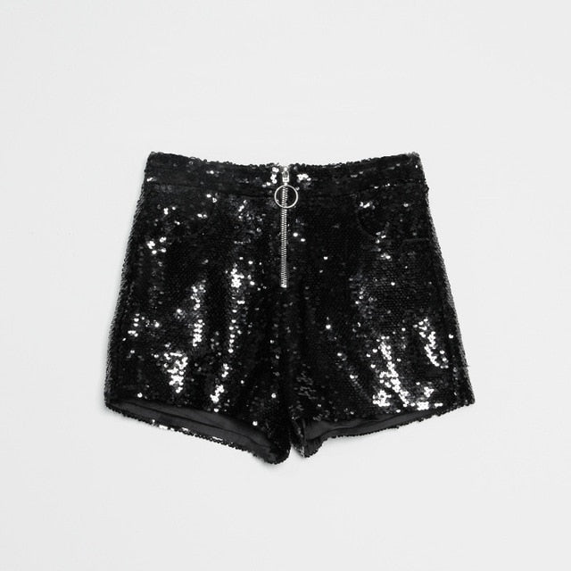 Heidi-Mode | Pailletten Shorts Hohe Taille Oring Reißverschluss Front Bodycon