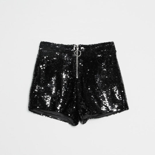 Heidi-Mode | Pailletten Shorts Hohe Taille Oring Reißverschluss Front Bodycon