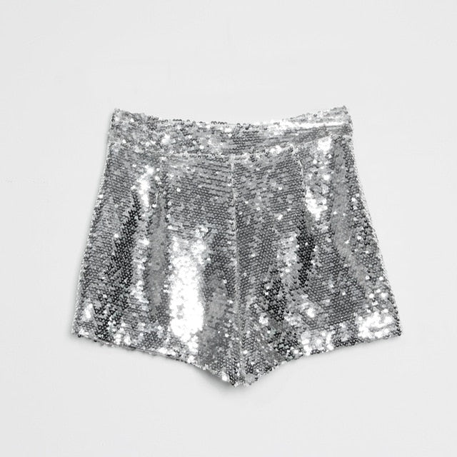 Heidi-Mode | Pailletten Shorts Hohe Taille Oring Reißverschluss Front Bodycon