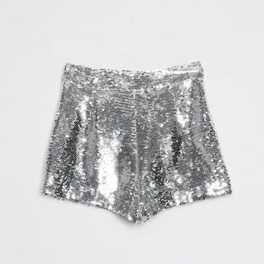 Heidi-Mode | Pailletten Shorts Hohe Taille Oring Reißverschluss Front Bodycon