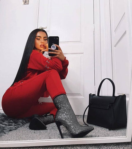 Heidi-Mode | Mokka Hochhackige Schuhe mit Strass und Seitlichem Reißverschluss