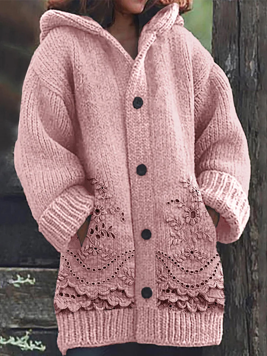 Heidi-Mode | Druckknopf Transparent Bestickt Lange Ärmel Dicke Hoodie Cardigan