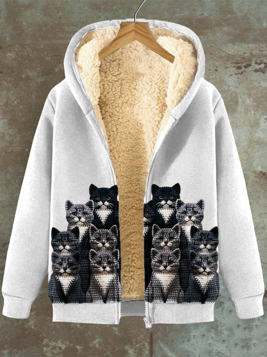 Heidi-Mode | Katzenmuster Kapuzen Tasche Reißverschluss Fleece Sweatshirt Jacke Für Frauen