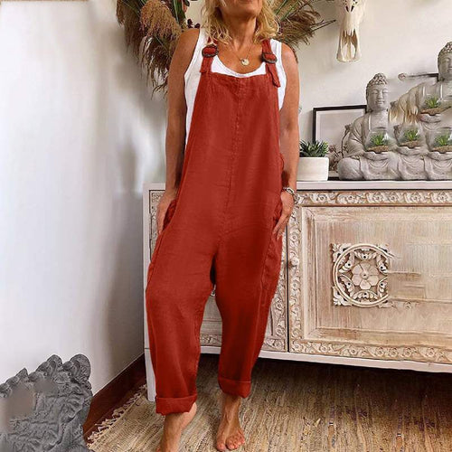 Heidi-Mode | Weite-Leg-Overall Damen verstellbare Schnalle Baumwolle und Leinen Tasche Overalls