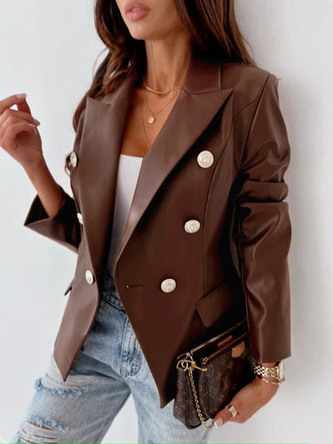 Heidi-Mode | Damen Blazer Doppelknopf Langarm Pu Leder Blazer