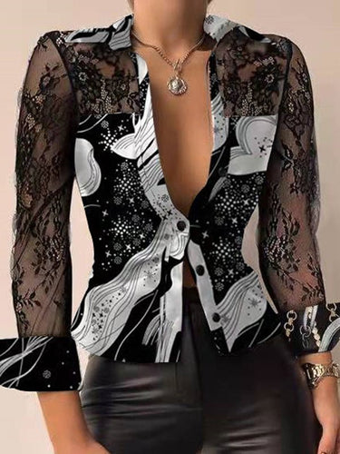 Heidi-Mode | Damen Blusen Lange Ärmel V-Ausschnitt Gedruckte Spitze Bluse