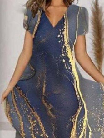 Heidi-Mode | Damenkleider Kunstdruck V-Ausschnitt Kurzarm Kleid