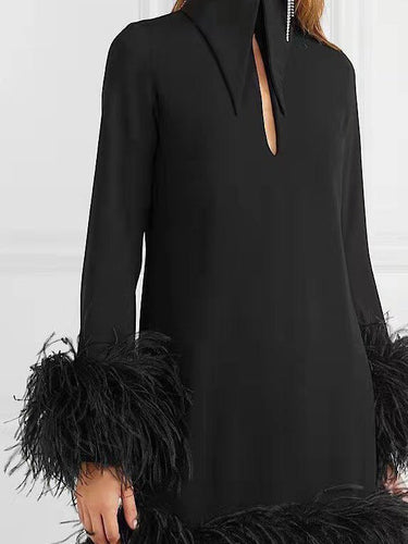 Heidi-Mode | Frauenkleider Federpaneled Hoher Kragen Langarm Kleid