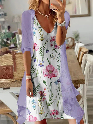 Heidi-Mode | Frauen Kleider Blumenmuster V-Ausschnitt Chiffon Zweiteilige Kleid