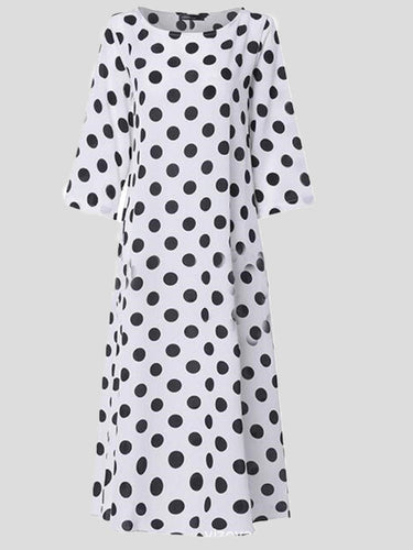 Heidi-Mode | Frauen Kleider Polka Punkte Rundhals Mittel Ärmel Tasche Kleid