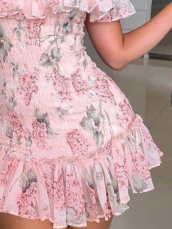 Heidi-Mode | Damen Kleider Gedruckte Ein-Schulter Chiffon Rüsche Kleid