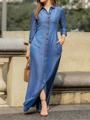 Heidi-Mode | Damen Kleider Hemdkragen Knopf Langarm Denimkleid