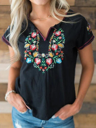 Heidi-Mode | Damen T-Shirts Vintage Bestickt V-Ausschnitt Kurzarm T-Shirt
