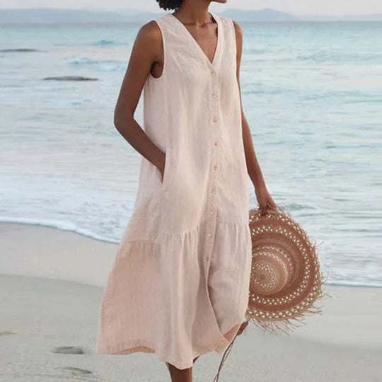Heidi-Mode | Ärmelloses Knopfkleid mit V-Ausschnitt Strandkleid