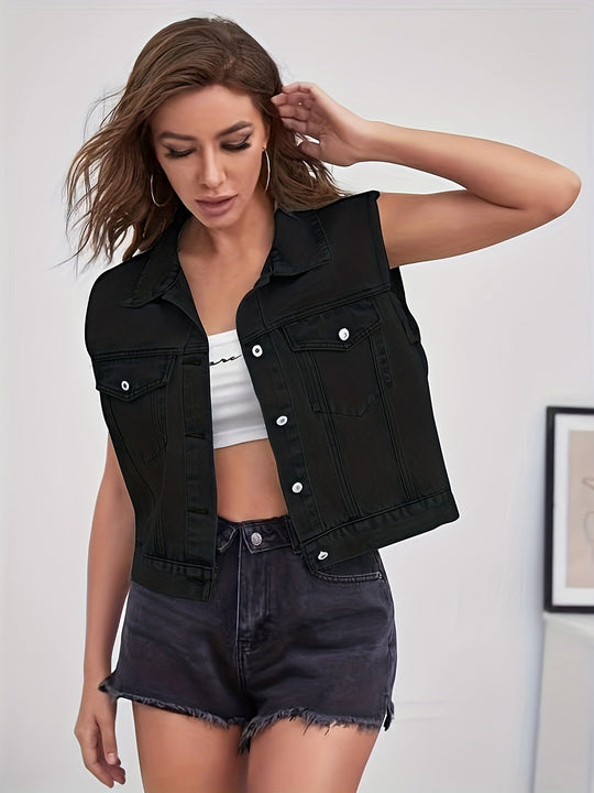 Ärmellose Jeansjacke mit Pattentaschen