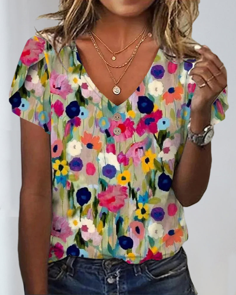 Heidi-Mode | Kurzärmlige Farbenfrohe Blumenbluse mit V-Ausschnitt