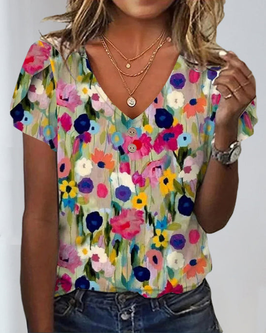 Heidi-Mode | Kurzärmlige Farbenfrohe Blumenbluse mit V-Ausschnitt
