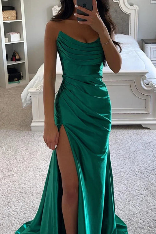 Heidi-Mode | Glänzendes Satin Off-Shoulder Falten Spalte Abend Maxi Kleid