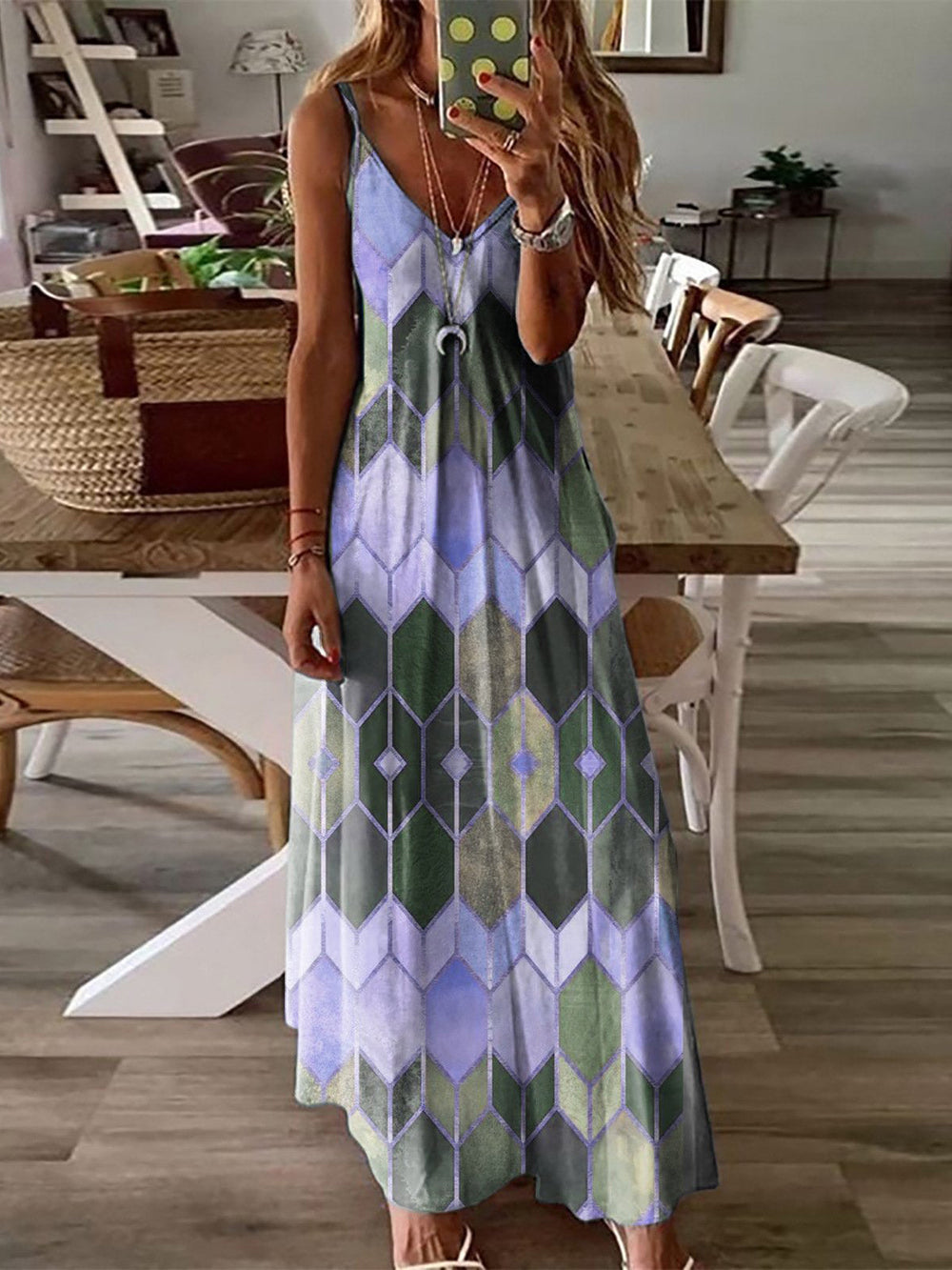 Heidi-Mode | Spaghetti-Träger Rückenfreies Ärmelloses Tie-Dye Lange Maxi-Kleid