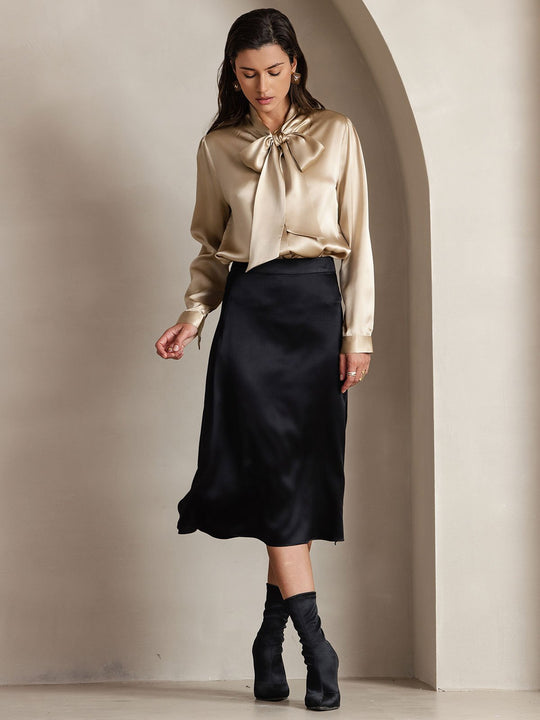 Heidi-Mode | Damen Elegante Seidenbluse mit Schlipskragen und Langen Ärmeln