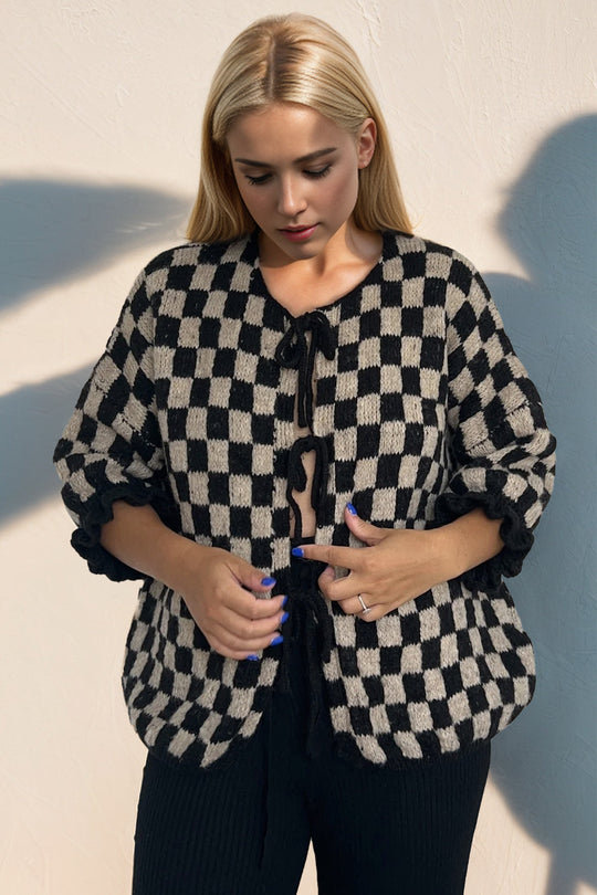 Heidi-Mode | Double Take Gebunden Karierter Fall Schulter Volant Ärmel Strickjacke