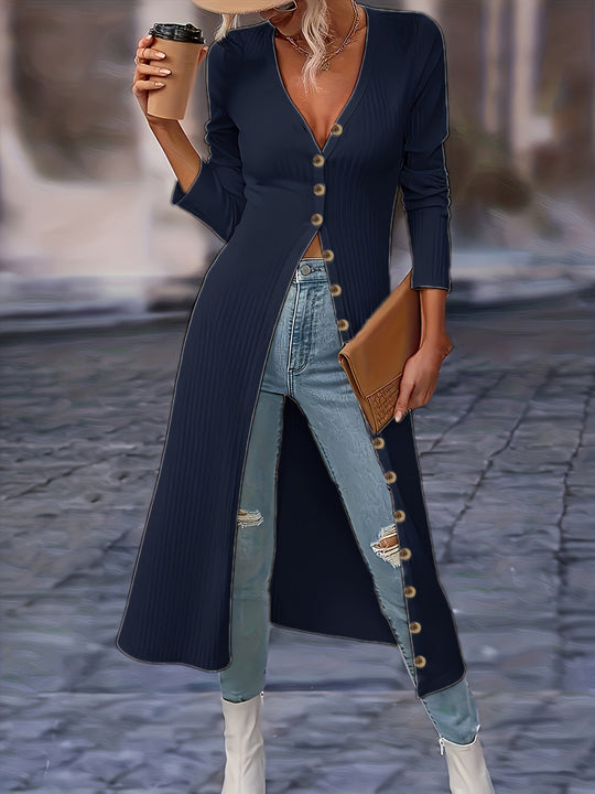 Heidi-Mode | Langer Cardigan - Knopf-Front V-Ausschnitt - Enganliegende Strick - Knielanges Lagenstück