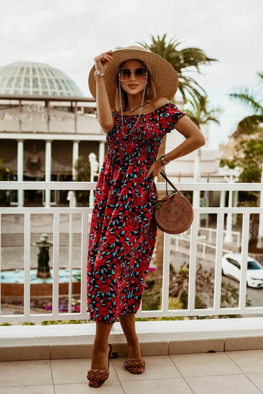 Heidi-Mode | Schulterfreie Boho Kleid mit Blumenmuster