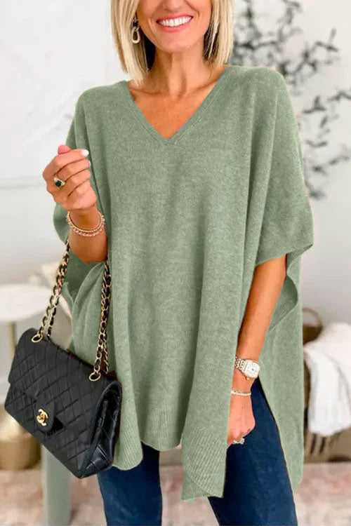 Heidi-Mode | V-Ausschnitt Poncho Pullover mit elegantem lockeren Schnitt