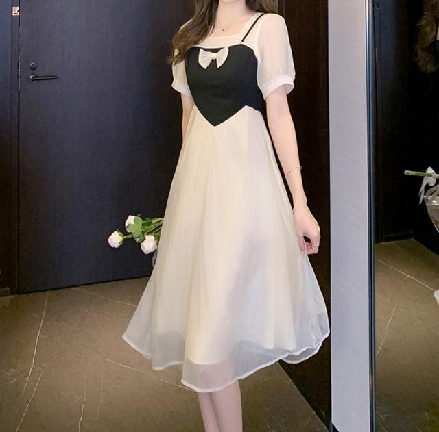 Heidi-Mode | Französische Naht Schleife Chiffon Fake Zwei Teile Kleid