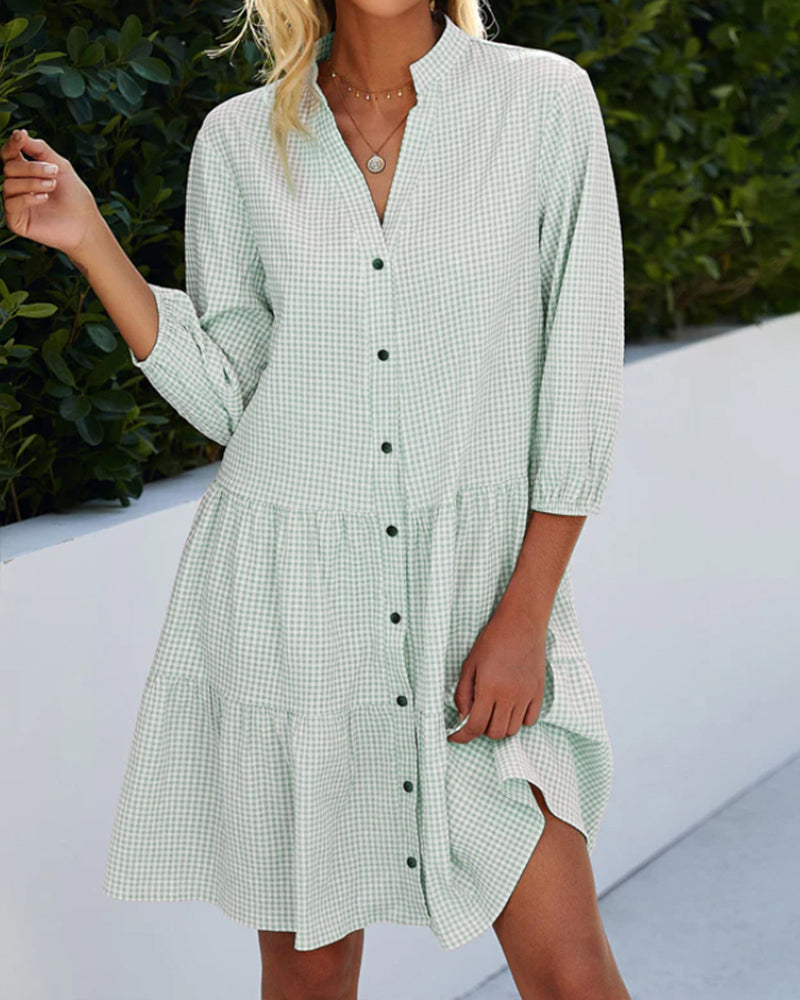 Heidi-Mode | Kariertes A-Linien-Kleid mit Knopfleiste für Damen Ähnelt Einem Hemdblusenkleid