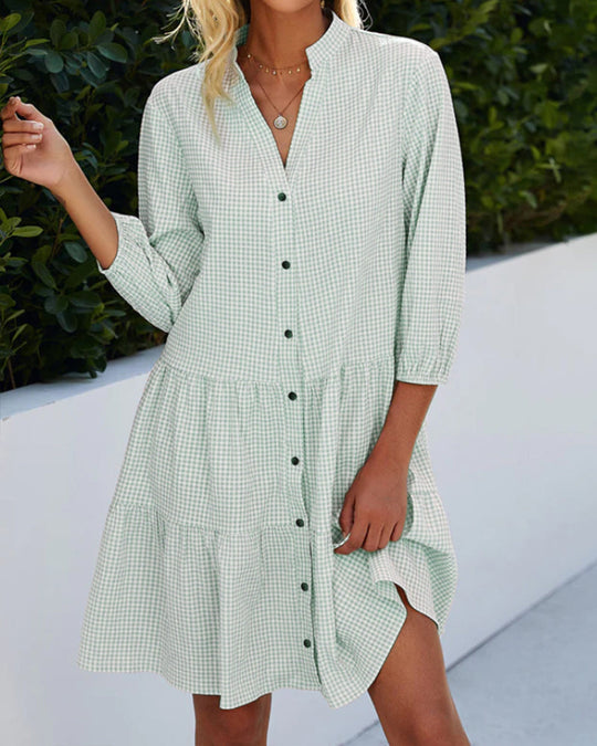 Heidi-Mode | Kariertes A-Linien-Kleid mit Knopfleiste für Damen Ähnelt Einem Hemdblusenkleid