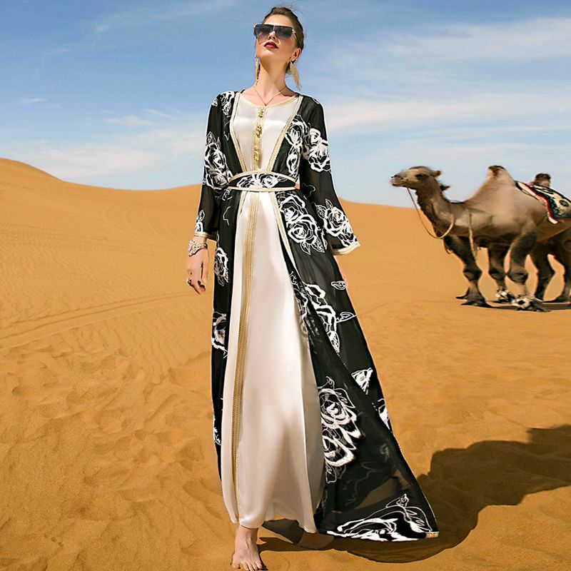 Heidi-Mode | 2 Teile Set Stickerei Strickpullover Offene Abaya Kleid für Frauen Abendveranstaltung