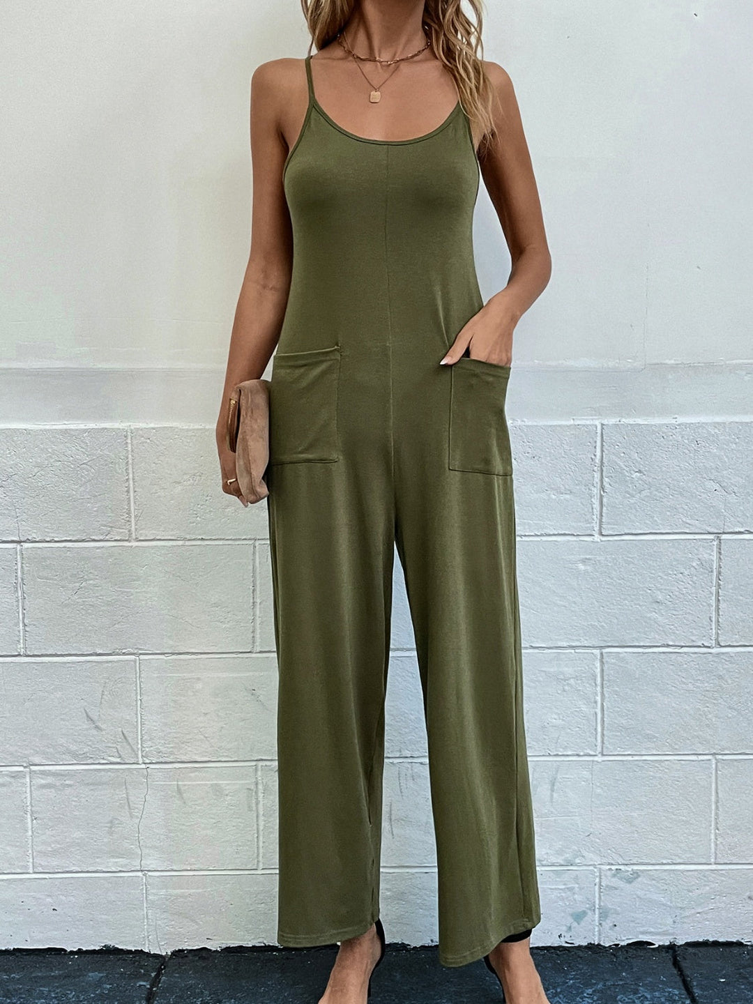Heidi-Mode | mit Taschen Spaghetti-Träger Weit Bein Jumpsuit