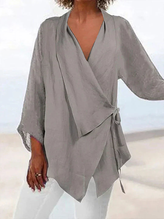 Heidi-Mode | Bluse Baumwolle-Leinen Wickelbluse mit Schleife