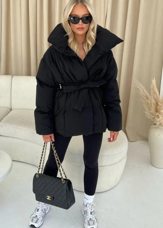 Heidi-Mode | jack mit Gürtel für Damen - warmer brauner Jacke mit oversized Kragen