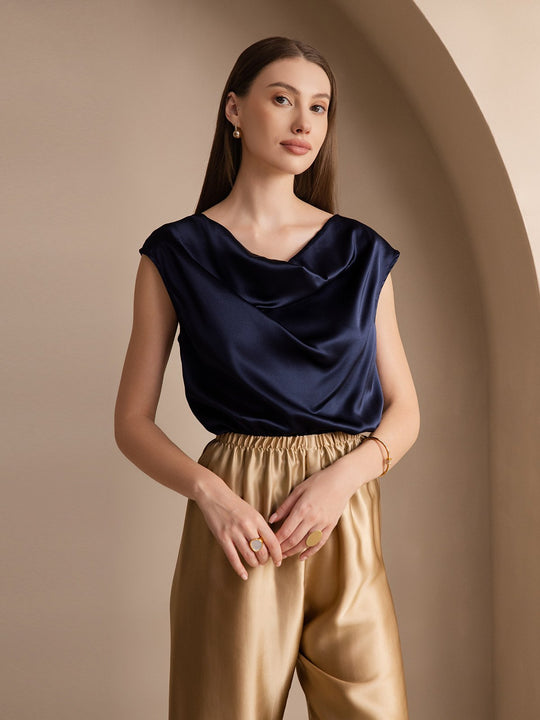 Heidi-Mode | Seiden Kappenärmel Halskragen Tanktop Bluse