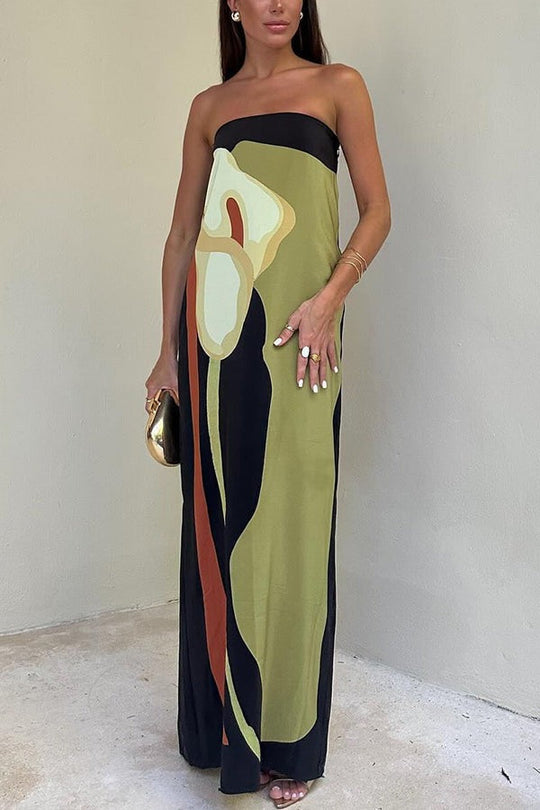 Heidi-Mode | Jaime Abstrakter Floralprint Elastischer Off-Shoulder Urlaub Locker Maxi Kleid
