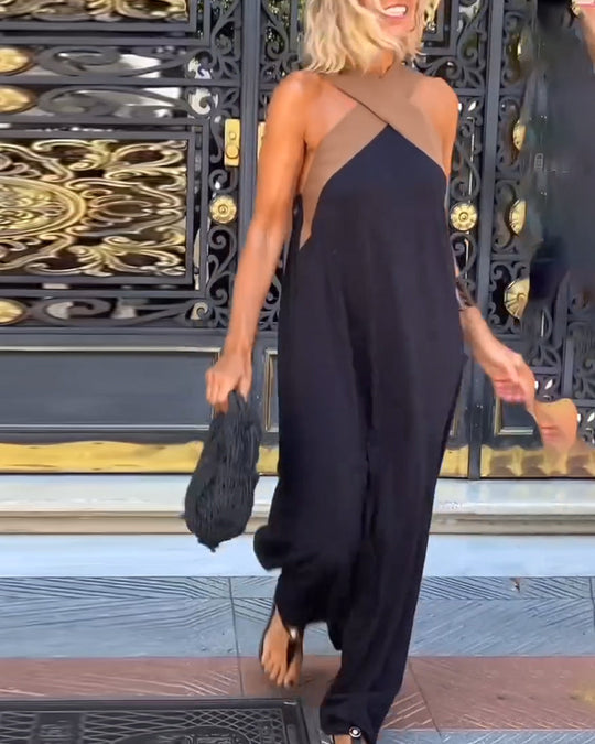 Heidi-Mode | Kreuzförmig Rückenfreies Elegantes Kleid mit Kontrastfarbe