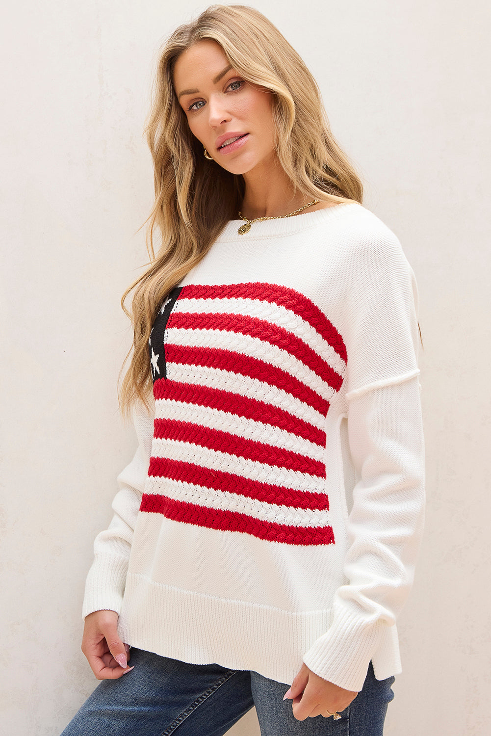 Pullover Mit Amerikanischer Flagge Und Gestrickten Schultern