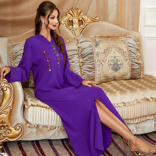 Heidi-Mode | Handgefertigter Strass Kapuzen Weinrote Femme Djellaba Frauen Abaya Kaftan Kleid Jalaba