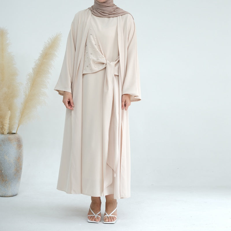 Heidi-Mode | 2-Teiliges Set Spandex Perle Offene Abaya Kleid für Arabische Frauen