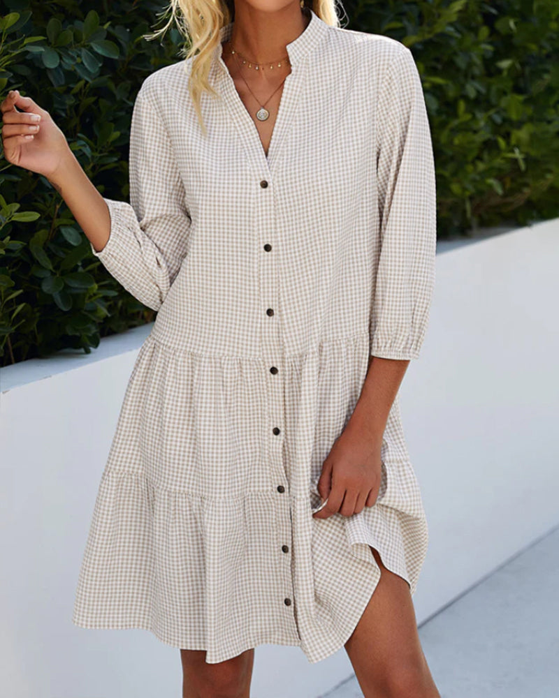Heidi-Mode | Kariertes A-Linien-Kleid mit Knopfleiste für Damen Ähnelt Einem Hemdblusenkleid
