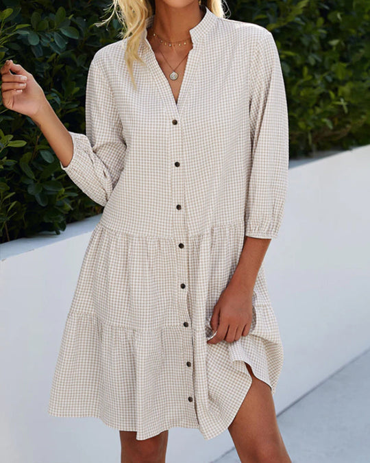 Heidi-Mode | Kariertes A-Linien-Kleid mit Knopfleiste für Damen Ähnelt Einem Hemdblusenkleid