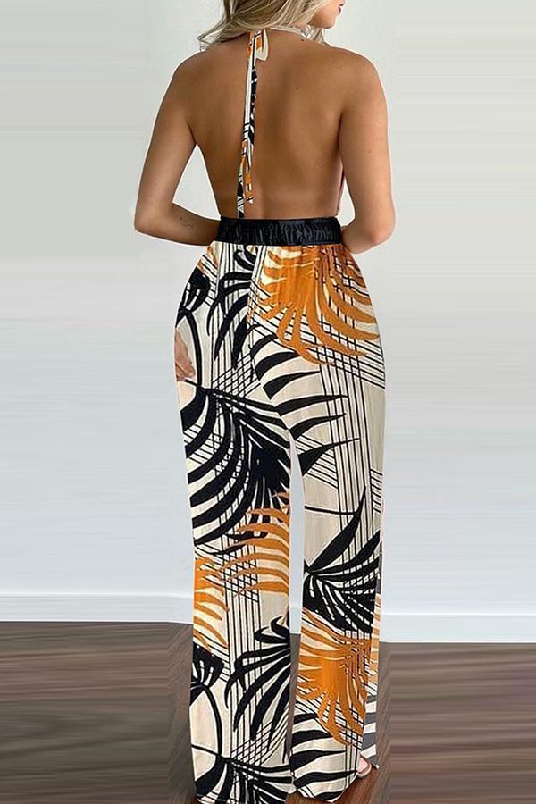 Heidi-Mode | Carneros Floral Print Halter Breite Beine Jumpsuit