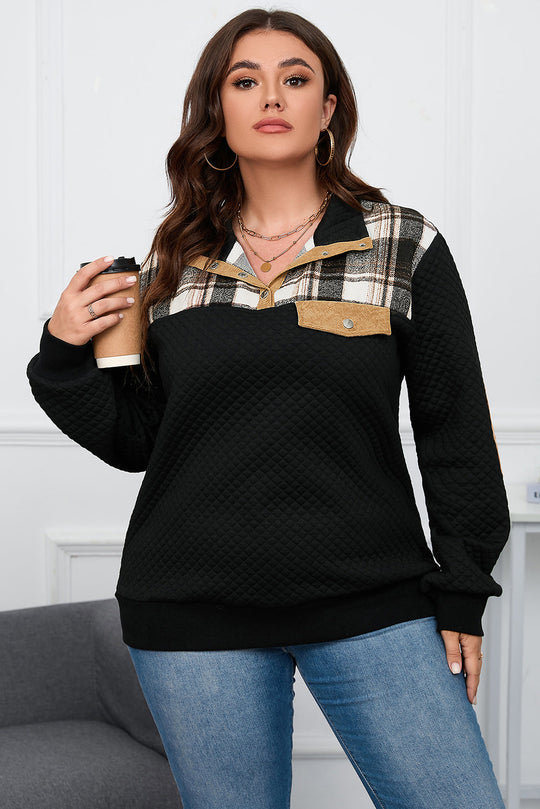 Plus Größe Gesteppt Plaid Patch Henley Pullover